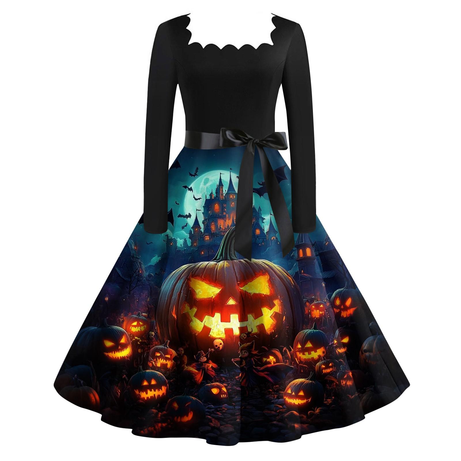 

Women s Fashionable Retro Long-sleeved Square-neck Halloween Printed Evening Dress XXXXXL синій