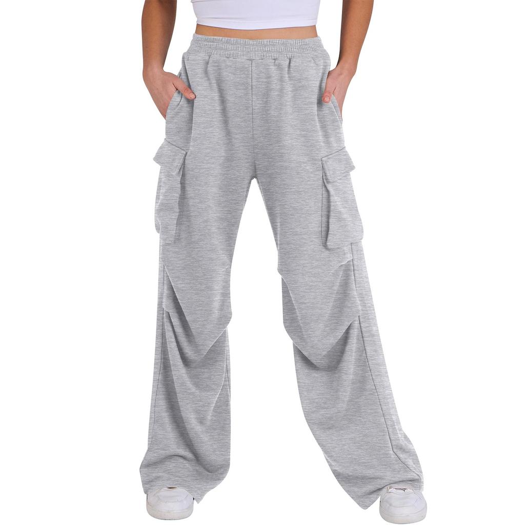 Women’s Wide Leg Cargo Pants Loose Fit High Waist Elastic Waistband Casual Trousers with Multiple Pockets for Daily Wear
