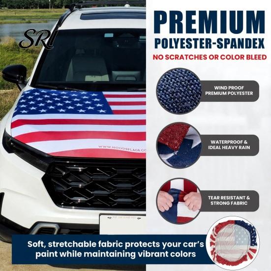 Easy Install Hood Cover American Flag Car 63 X 47 Inch Stretchable Polyester Spandex Fabric Fits Most Cars Trucks SUVs with Small Decorative