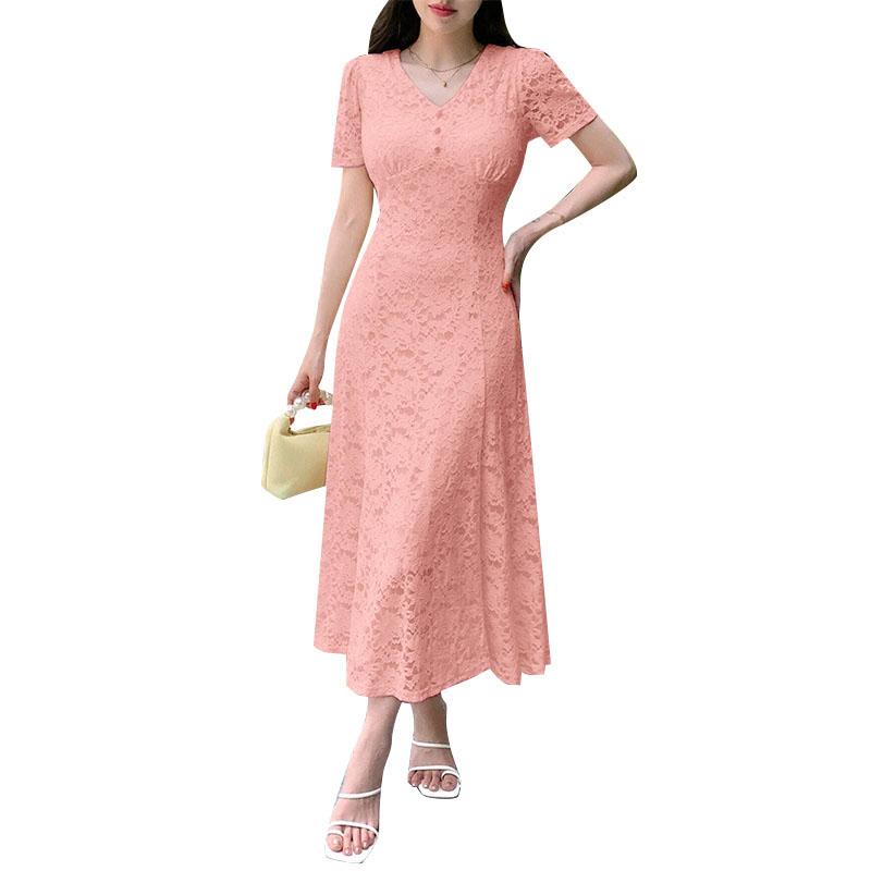 

ZANZEA Женское повседневное элегантное платье с V-образным вырезом, коротким рукавом, в стиле пэчворк и кружевом розовый