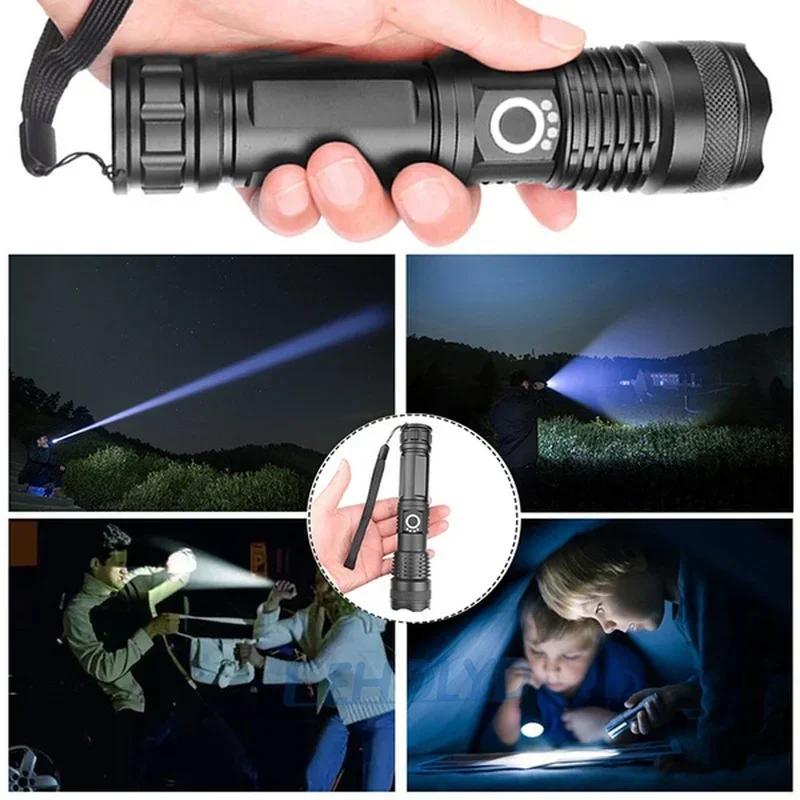 High Power XHP100 LED-lommelykt Oppladbar 4-kjerners lommelykt Zoom Usb Håndlanterne for camping, utendørs og nødbruk