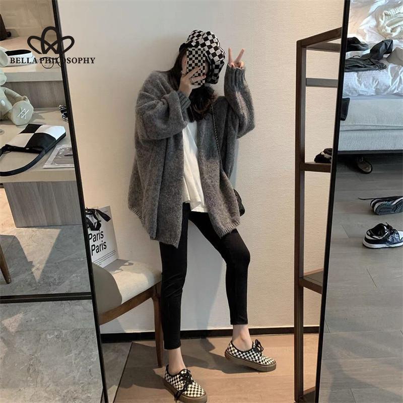 Осенне-зимний вязаный кардиган средней длины с длинными рукавами пальто утепленный свитер женская верхняя одежда нежный темпераментный свитер one size серый 3619₽