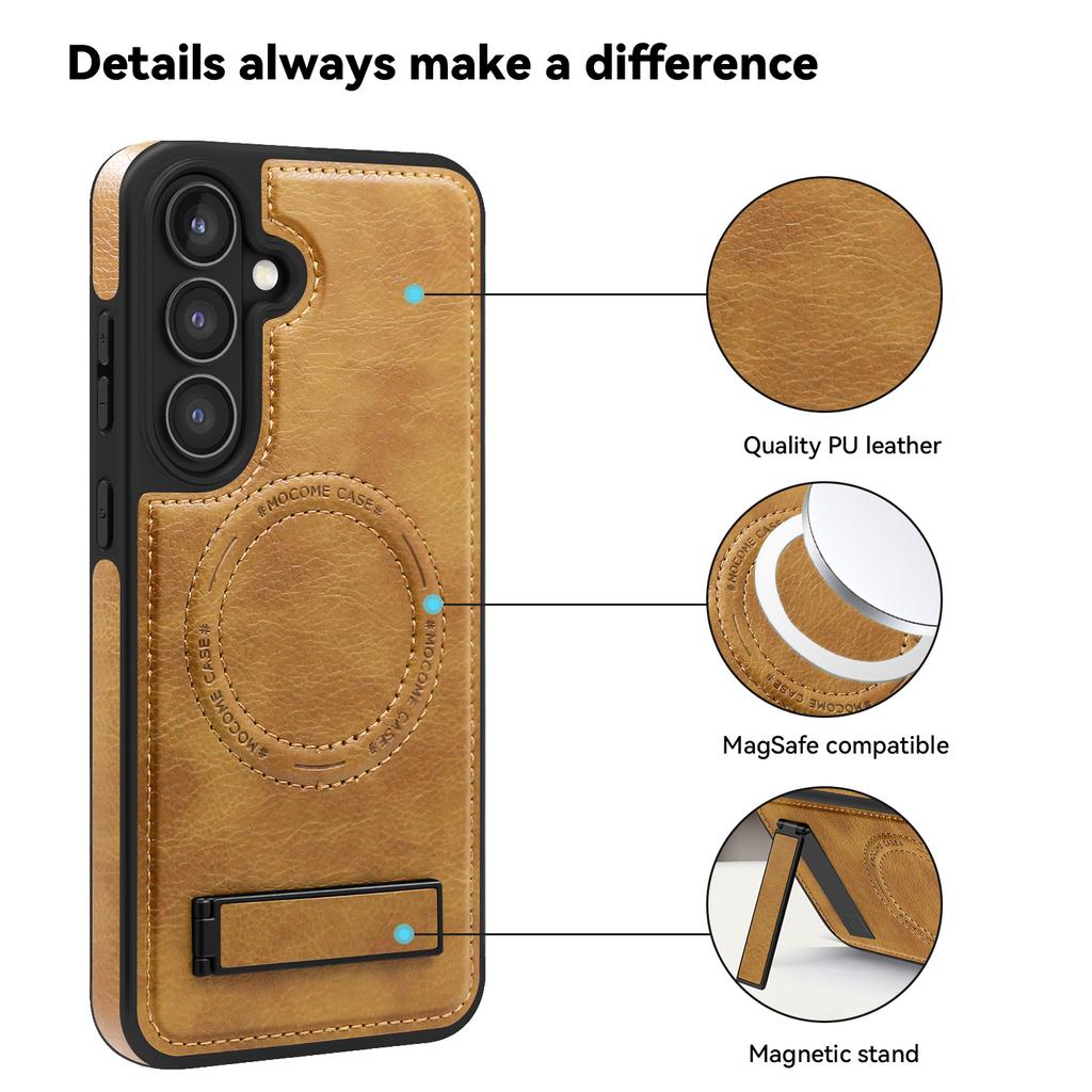 For Samsung Galaxy S24 FE Case Compatible with MagSafe Kickstand Leather Phone Back Cover