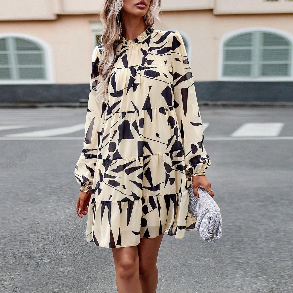 Printed Dresses, Autumn and Winter Women's Temperament, Elegant Long-sleeved Short Skirt