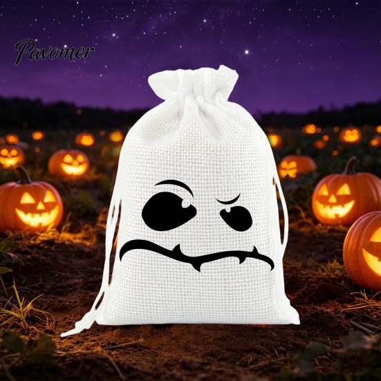 Drawstring Storage Sacks 2 Pcs Halloween Burlap Gift Bags with Drawstring, Trick or Treat Cute Holiday Candy Pouch, Reusable Goodies Bag for