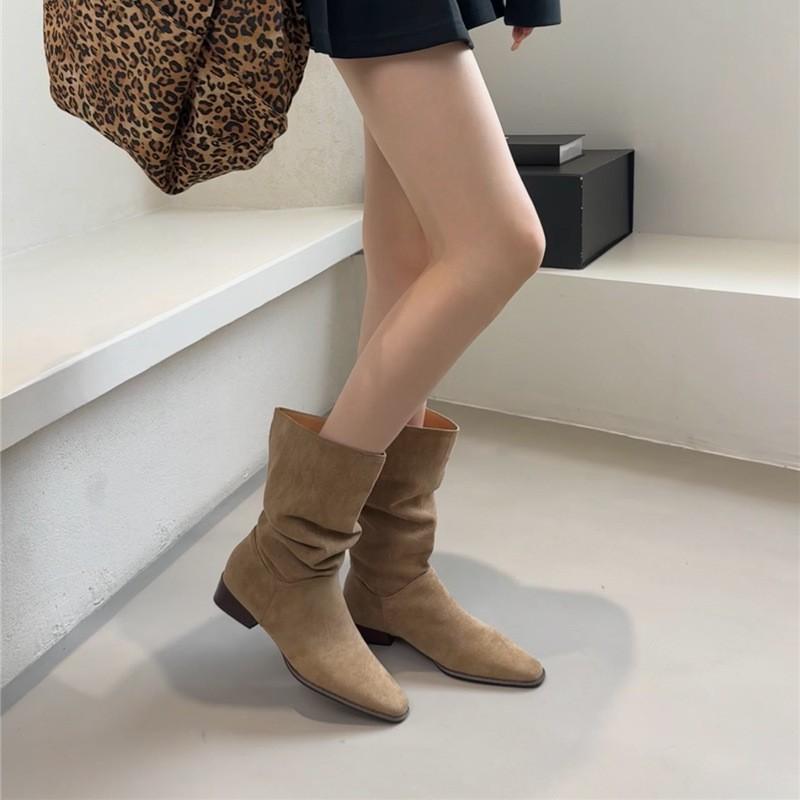 Pile boots women's cycling boots retro suede thick heel pointed new brown wrinkled tall boots autumn thin
