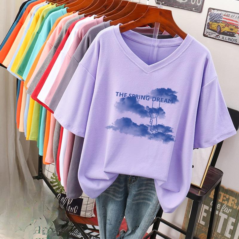 Camiseta de manga curta, Solta, Top V-neck Estampado Emagrecedor para Mulheres