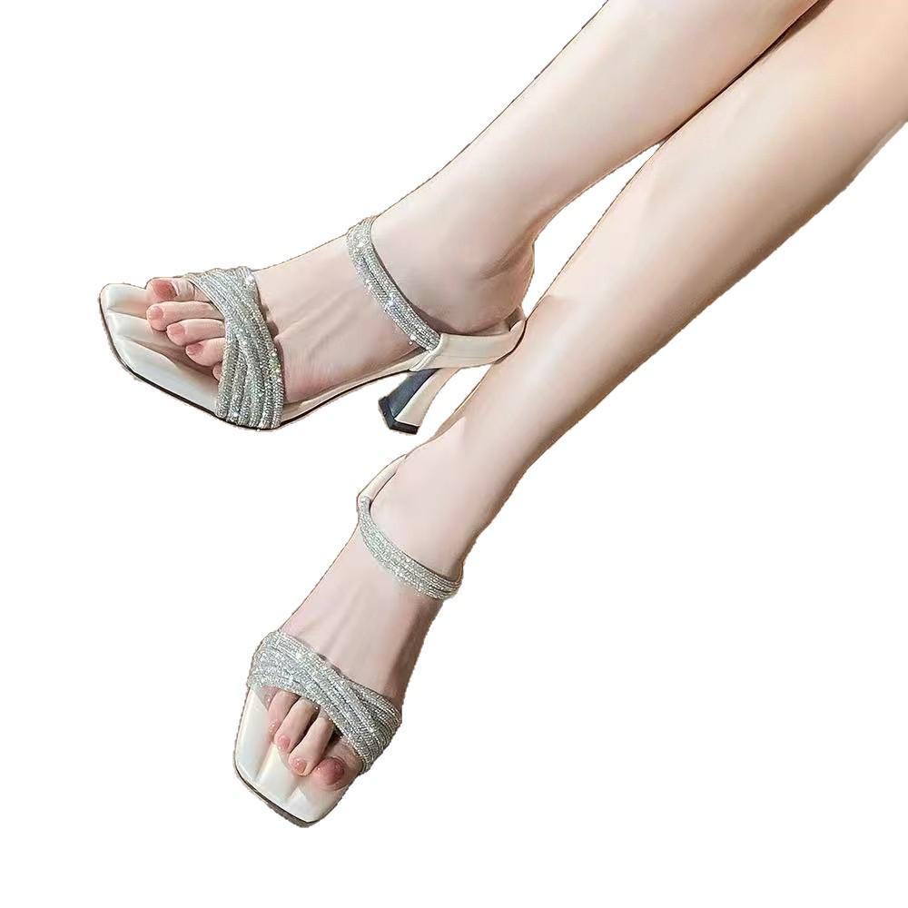 Summer Rhinestone Stiletto Sandals - Women's Square Toe One-Strap High Heels, Fairy French Style.