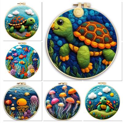 DIY Wool Needle Felting Starter Kit Needle Felt Set Sea Turtles Jellyfish For Beginners Needlework Sewing Craft Home Decor