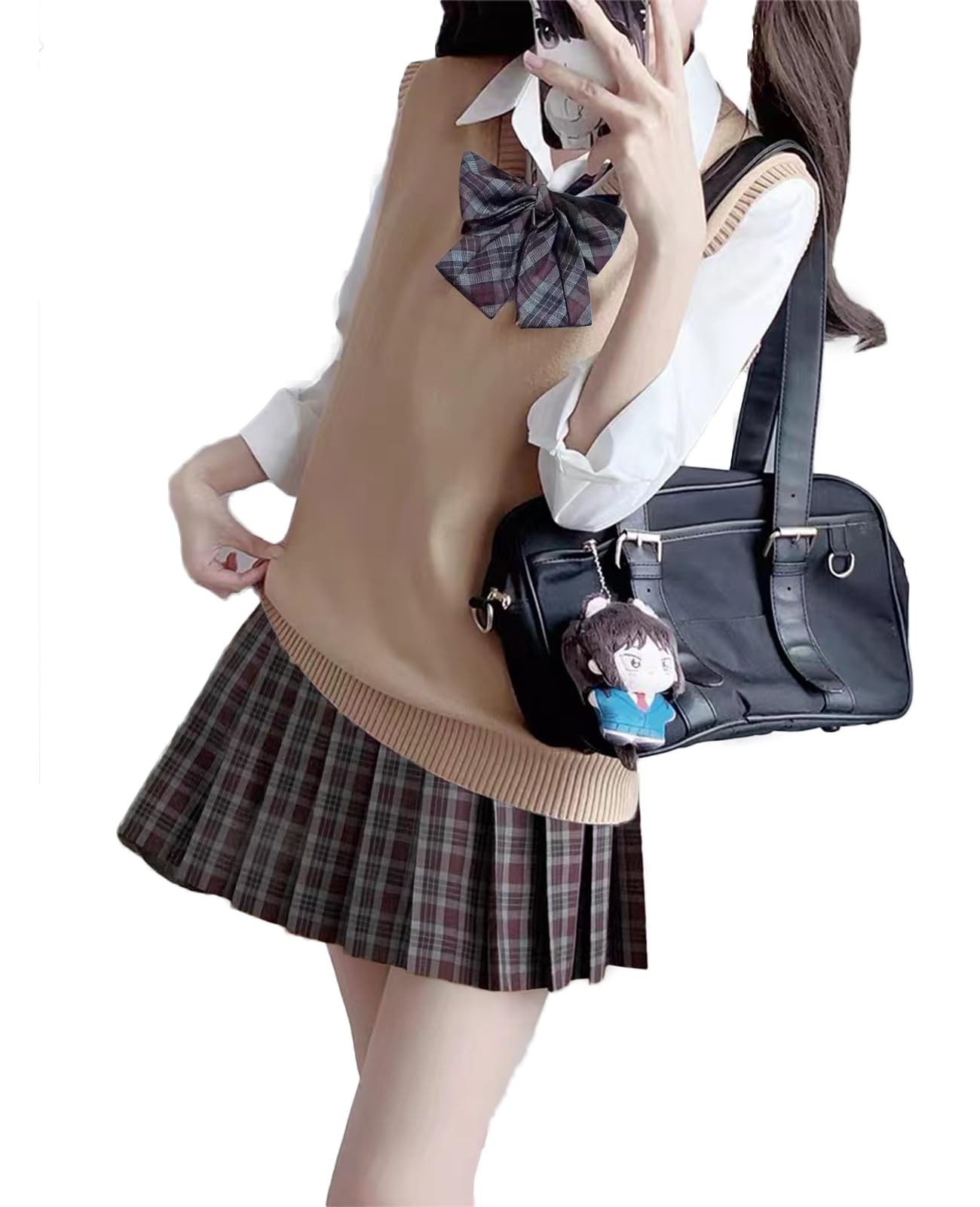 

QOOLY Cute Sleeveless Knit Sweater Set for Junior High School Perfect for and Khaki Long Size Students, Welcome/Farewell Parties, Graduations, More.