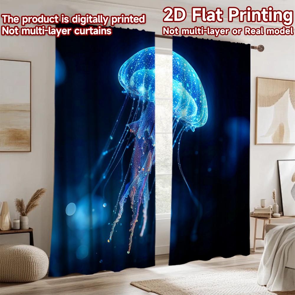 2D Flat Printing 2pcs Party Window Curtains Blue Glowing Jellyfish Ocean Digital Printed Polyester Drapes Festive Curtains Use