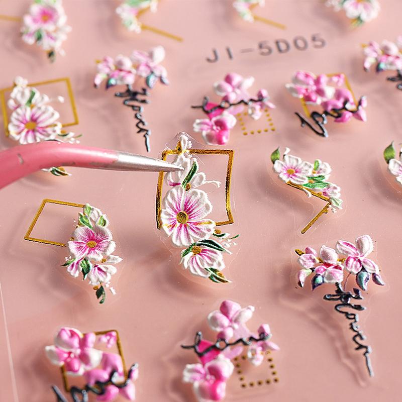 5D Nail Stickers Flowers Heart Shape Decor Acrylic Embossed Slippers Gold Frame Nail Decals Cherry Blossom Manicure
