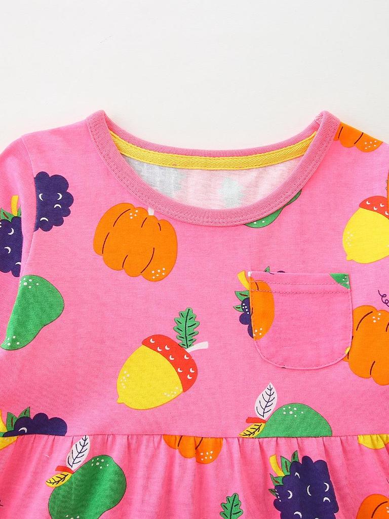 Autumn European Style Girls' Long-Sleeved Cartoon Print Princess Dress - Knitted Cotton, Round Neck