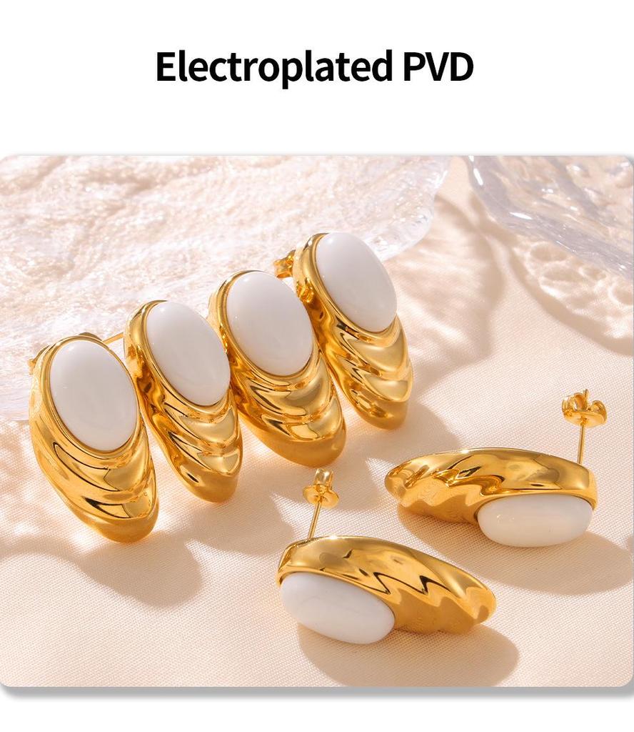 French Oval Water Ripple White Stone Stud Earrings, Stainless Steel PVD Electroplated