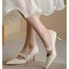 Vita mellanhöga klackskor dam spetsig tå nya vår- och höst bröllopsskor nisch high-end pärla enkelskor små