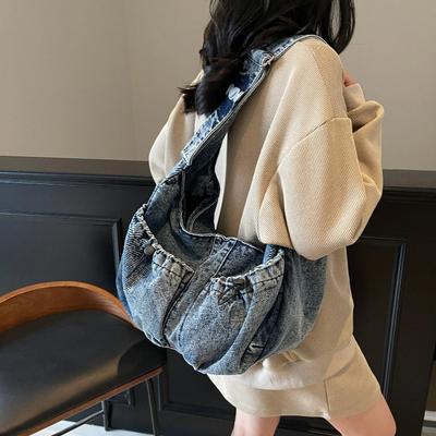 Gewaschene Denim-Schultertaschen Damen Große Kapazität Canvas Hobo-Taschen 100% Baumwolle Preppy-Stil Lässige Tragetaschen Korea Stofftaschen