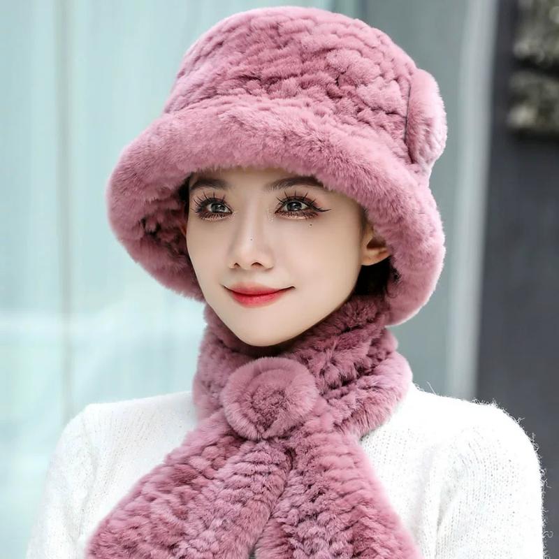 Middle-aged and Elderly Rex Rabbit Hair Hat, Scarf Set, Women's Winter Old Lady Two-piece Set, Women's Mother and Grandmother Thermal Hat