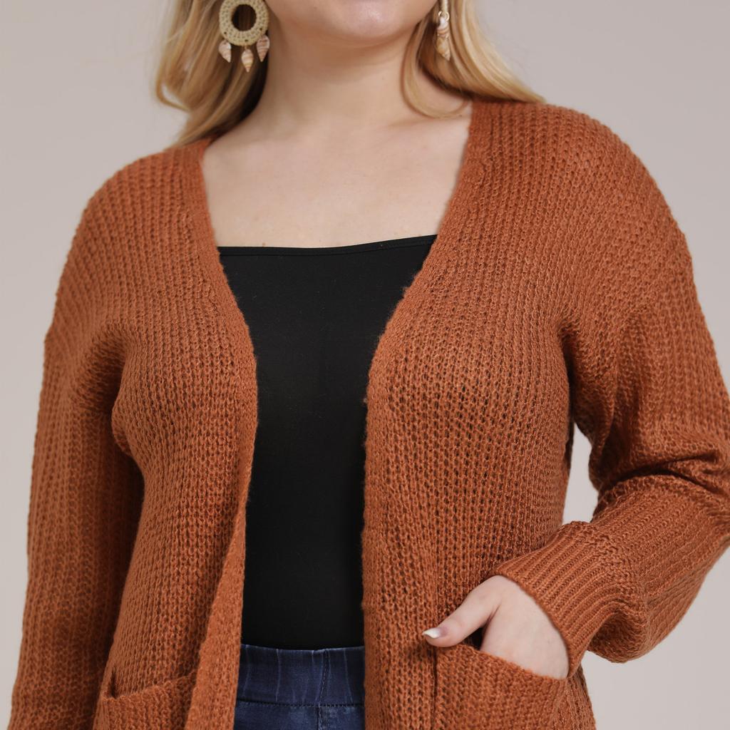 Autumn and Winter Large Size Women's Pocket Knitted Cardigan Mid-Length Sweater