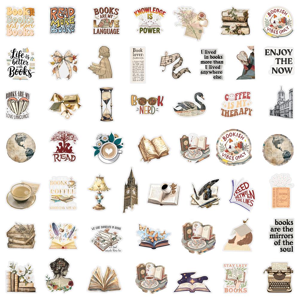 10/30/50pcs Transparent Retro Reading Stickers Cartoon Bookish Decals DIY Scrapbooking Suitcase Phone Case Graffiti Sticker Pack