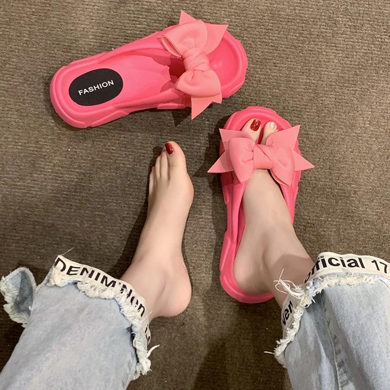 Fashion Fashion Bowknot Platform Flip Flop for Women Summer Beach Non Slip Wedge Slippers Woman Thick Sole Clip Toe Slides Sandals