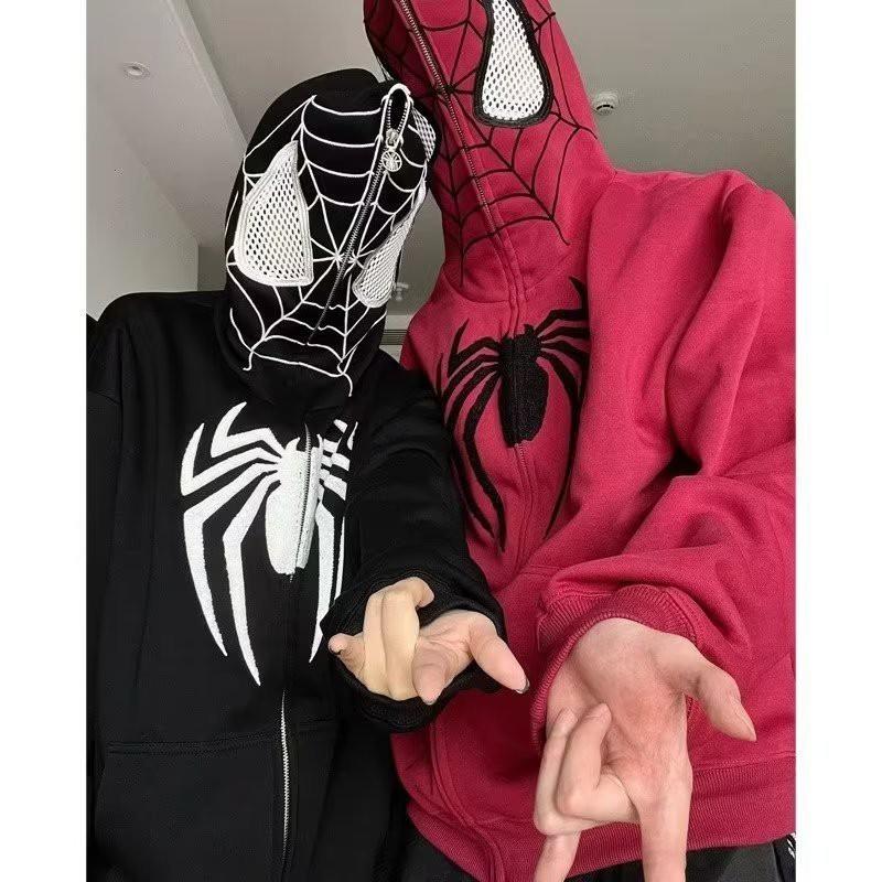 American Retro Spider-Man Hooded Zip Sweatshirt Streetwear Couple Jacket Teens