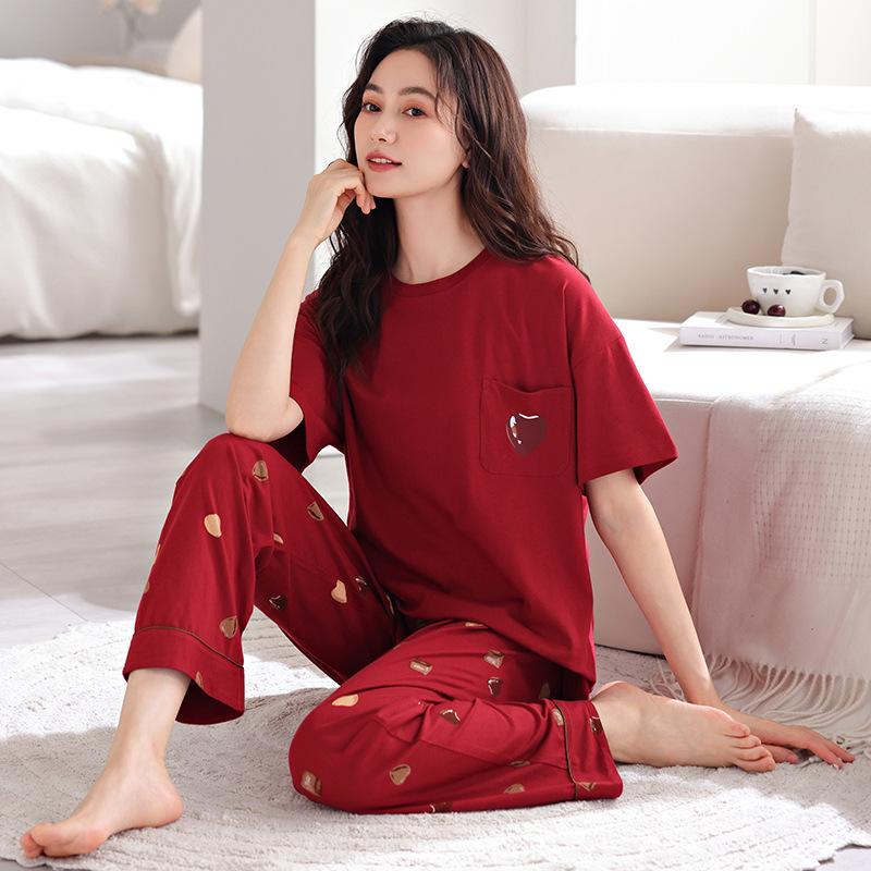 New Women's Pajamas Summer Pure Cotton Short-sleeved Trousers Thin Large-size Natal Year of the Horse Red Loungewear Set