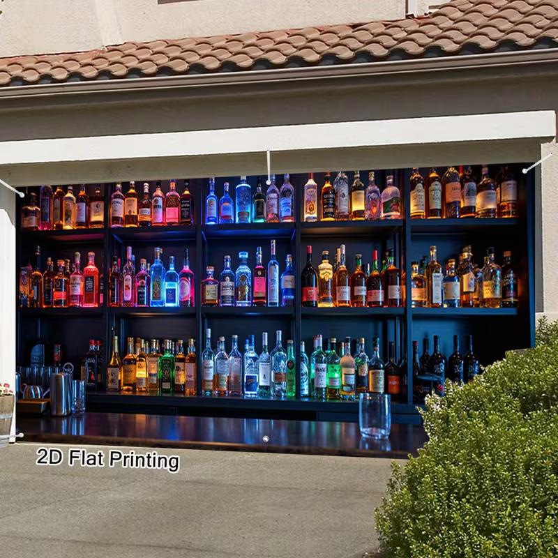 Outdoor Home Bar Garage Door Cover, Illuminated Liquor Bottles Print Backdrop