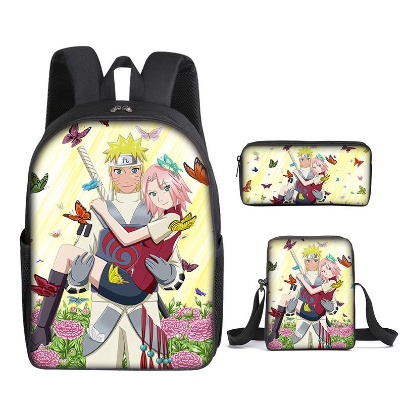 Naruto Naruto Rucksack Dreiteiliges Set, Schulranzen für Grund- und Sekundarschule, Umhängetasche, Messenger Bag, Federmäppchen.