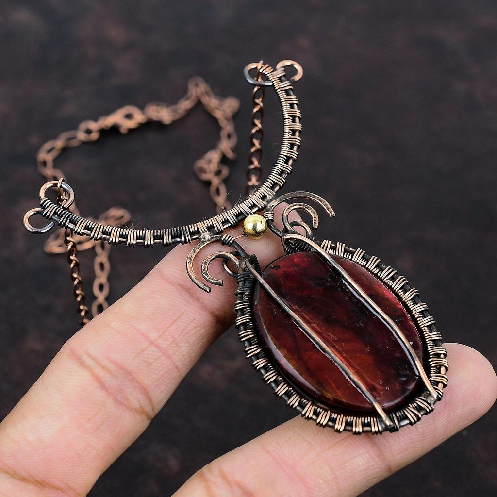Roter Feuer Labradorit Kupfer Halskette Kupferdraht gewickelter Schmuck Handgefertigte verstellbare Halskette Edelsteinschmuck zum Geschenk Drahtwickel-Halskette