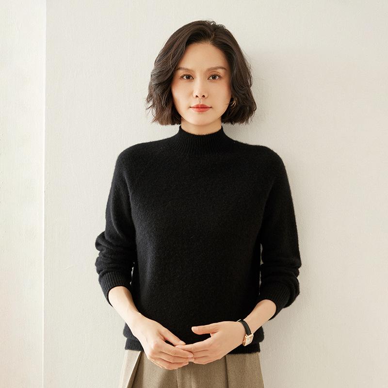 Women's Cashmere Raglan Sleeve Slim Fit Sweater - Half High Neck, Thickened, Solid Color, Versatile Knitted Top.