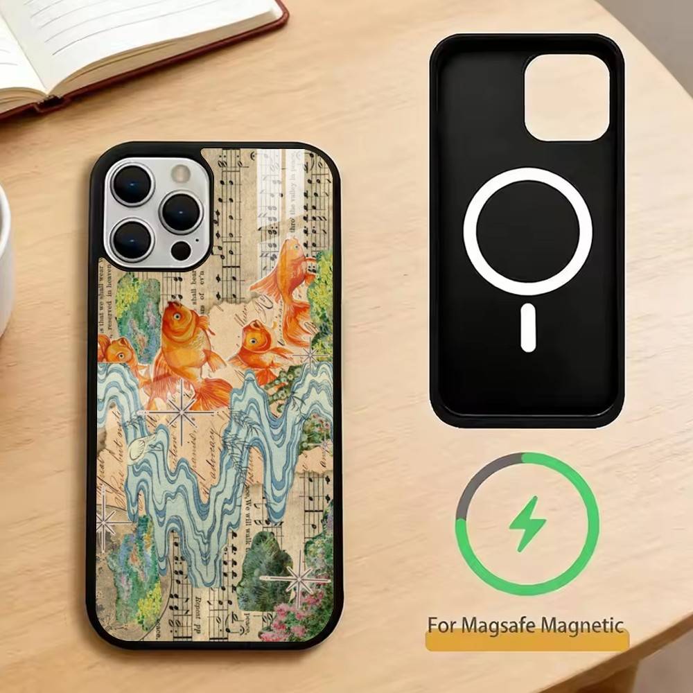 Newspaper Goldfish Phone Case For iPhone17,16,15,14,13,12,11 Plus,Pro Magnetic For Magsafe Wireless Charging