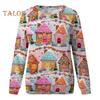 Julegenser Dame 3D Juletre Hus Trykk Rund Hals Langermet Topper Lett Ferie Genser Topper