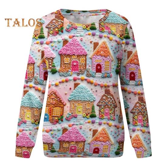 Julegenser Dame 3D Juletre Hus Trykk Rund Hals Langermet Topper Lett Ferie Genser Topper