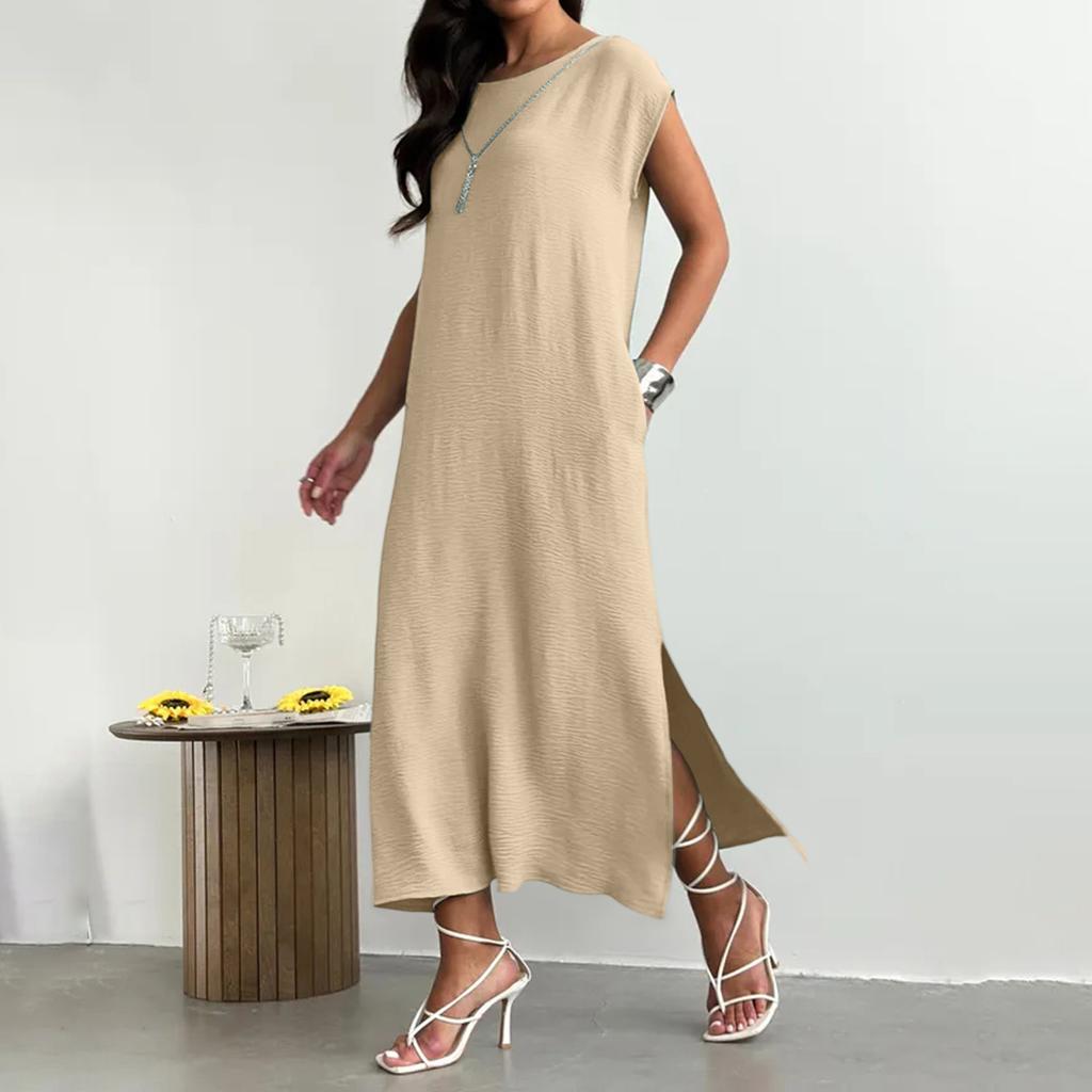 Sleeveless Solid Color Slim Fit Midi Dress with Side Slit Loose Fit Tank Dress for Women Casual Daily Wear