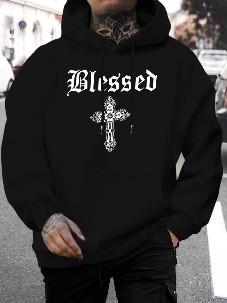 2026 Summer New Arrival unisex Western Casual All-Match Style Fashion unisex Hooded Sweatshirt with Unique Print - "Blessed" Lettering And Cross Desig