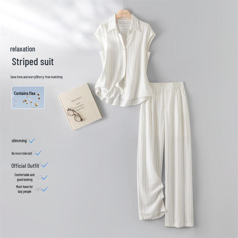 IHIMI Linen Blend Striped Shirt and Trousers Set S