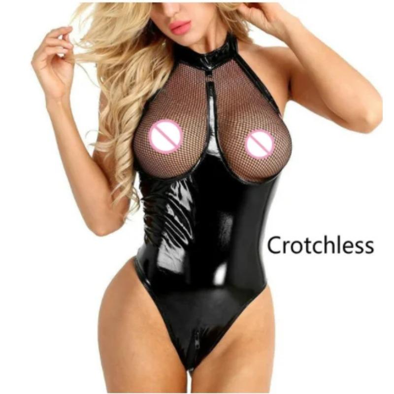 Erotic Sexy Crotchless Latex Lingerie Fishnet Clothing Open Crotch Jumpsuit Patent Leather Breast Exposing Bodysuit Lingerie
