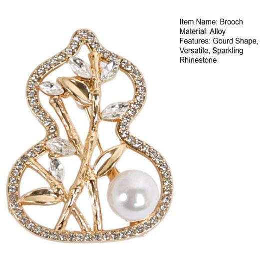 Women Brooch Sparkling Rhinestone Imitation Pearl Inlaid Gourd Shape Anti-Exposure Buckle Suits Sweaters Cheongsam Badge Outfit Accessory