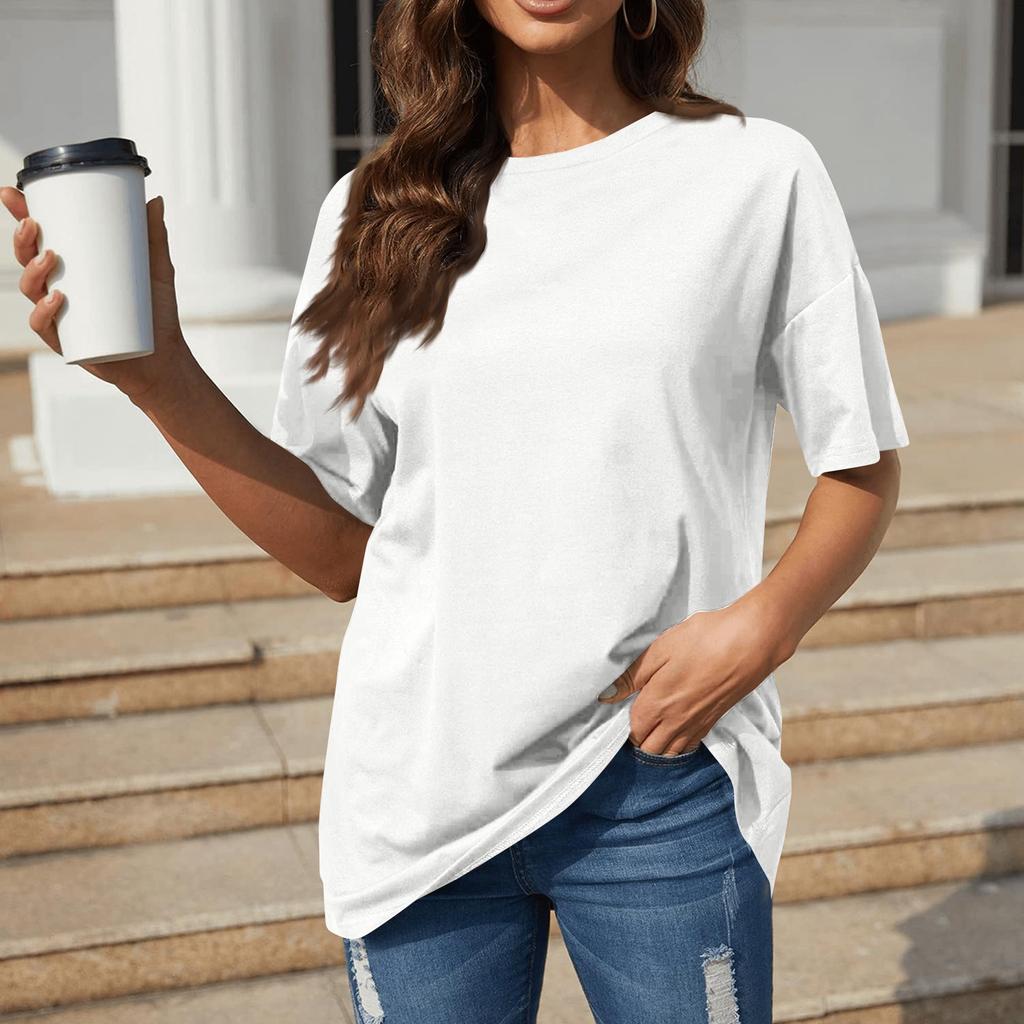 A Solid-color Loose Short-sleeved, Round-neck Plate-sized Top For Women In Spring And Summer