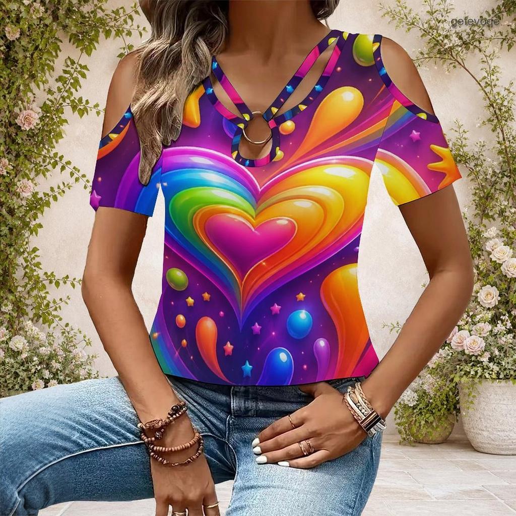 Plus Size Women V Neck Off Shoulder Short Sleeve Romantic Floral Casual Top