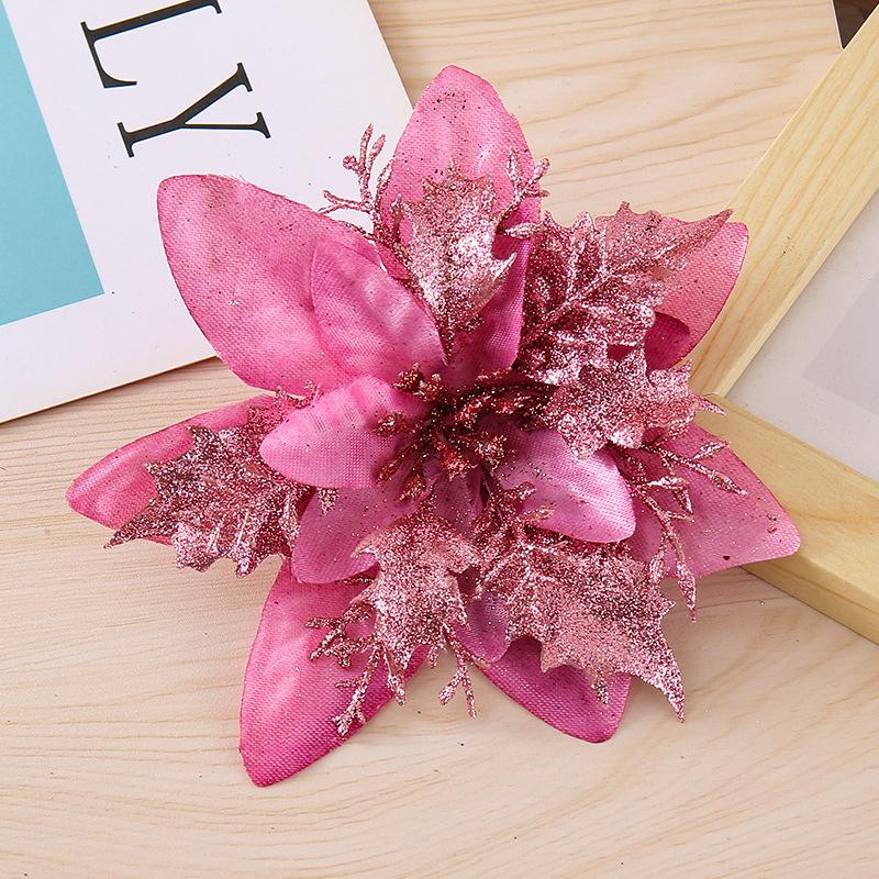 10PCS Poinsettia Christmas Flowers Decoration Artificial Glitter Christmas Tree Ornaments Xmas Party Wreath DIY Garland Decor