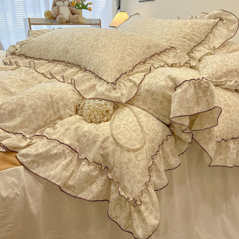 3/4Pc Korean Princess Style Floral Ruffles Bedding Set Single Queen Size Soft Skin-friendly Washed Cotton Duvet Cover Pillowcase