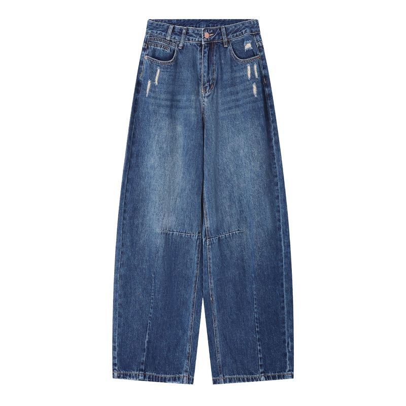 

Kumikumi American vintage Distressed Baggy jeans Women Autumn Slimming Versatile Wide-Leg Pants Curved Pants Trousers Blue XL