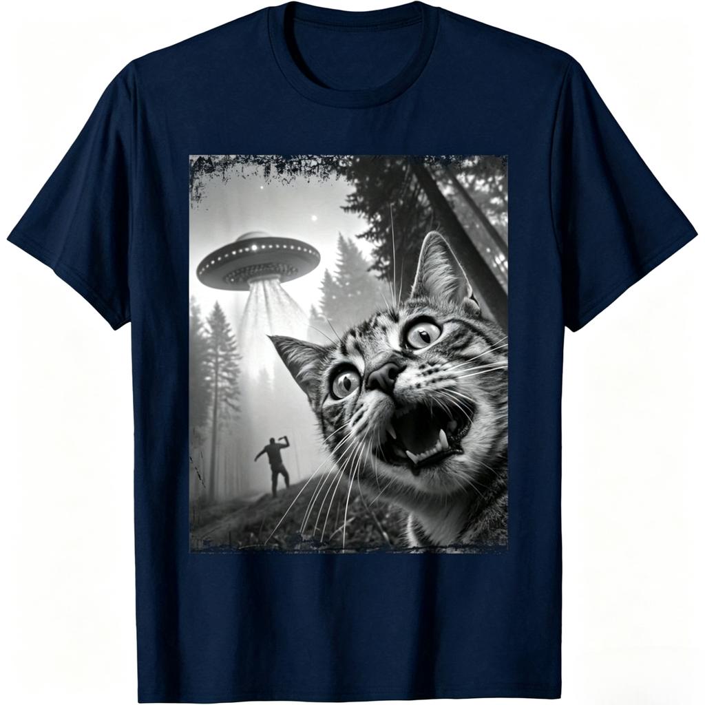 Funny Cat Ufo Selfie TShirt Saucer Graphic Tee With Curious Cat Taking Picture Unisex Casual Crew Neck Short Sleeve Shirt