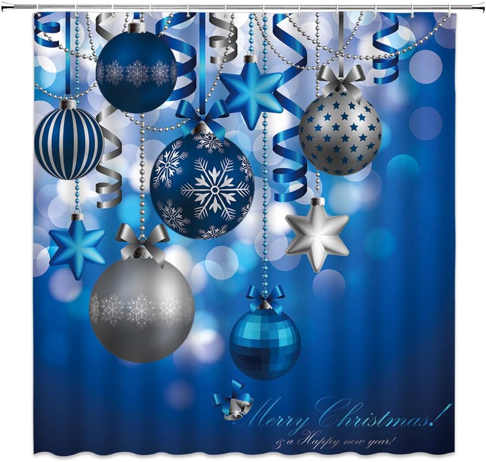 Christmas Shower Curtain With Blue And Silver Gray Xmas Balls Starswinter Holiday Happy New Year Dream Polyester Fabric Bathroom
