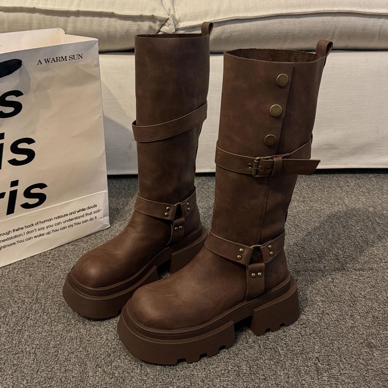 Winter Vintage Platform Woman Knight High Boots Fashion Belt Buckle Thick Sole Shoes Ladies Concise Punk Style Modern Long Botas