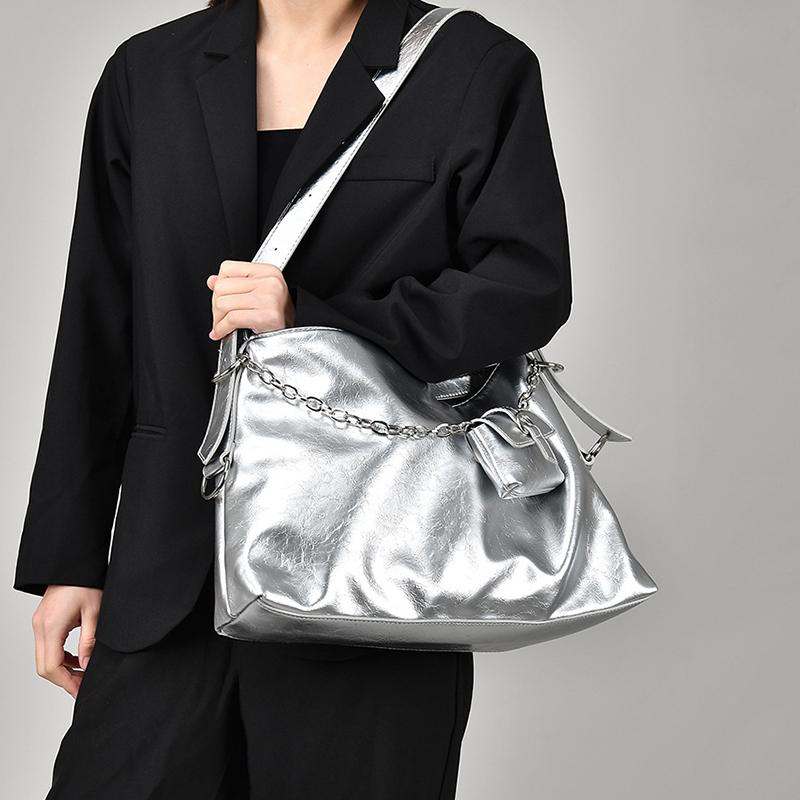 Yogodlns Fashion Women's Trend Fashion Large Capacity Silver Soft PU Leather Underarm Bag Commute Hobo Shoulder Bags