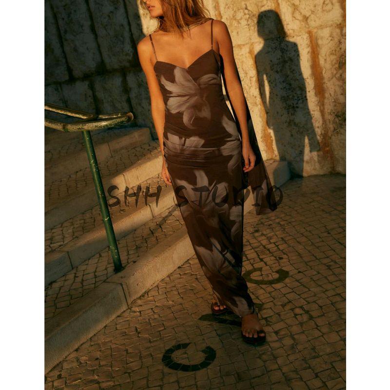 Autumn New Women's Clothing Ruched Decorative Print Silk Net Scarf Midi Skirt Dress 3152327 8220112