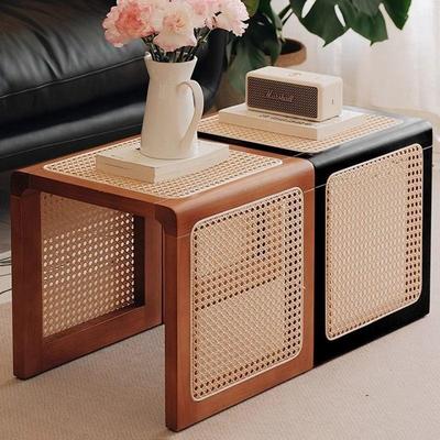 Multifunktionaler Hocker aus Massivholz und Rattan für den Haushalt, quadratisch, für Sofa, Eck-Nachttisch, kleine Wohnung, Schuhwechselhocker