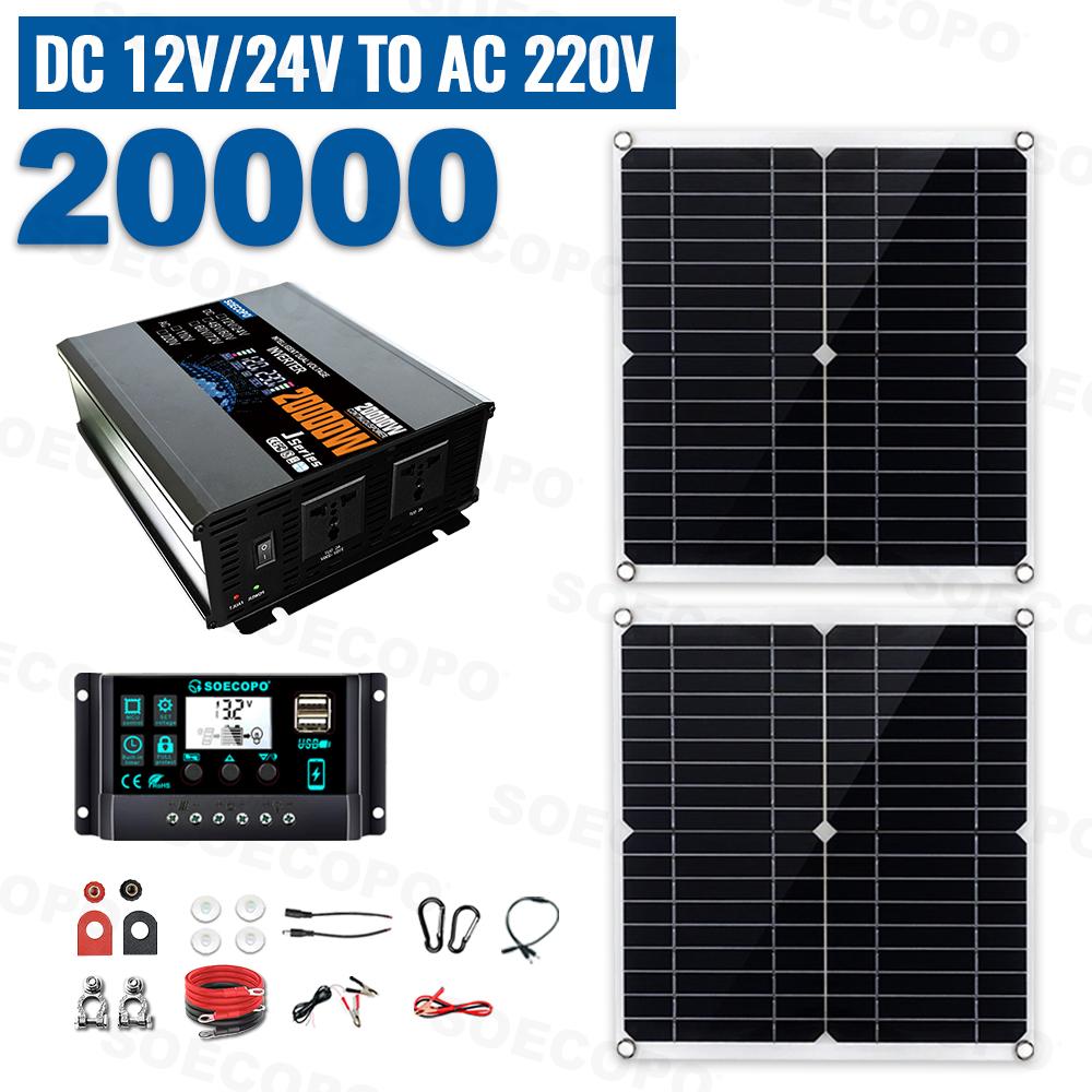 

SOECOPO 20000W Portable Off Grid Solar System Kit 2*300W Panel 12V 24V To 220V/110V Inverter Socket 100A Controller for Camping